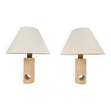 Lampes de table en travertin vintage avec des pieds en laiton attribuées à Fratelli Mannelli, Italie, années 1970, ensemble de 2.