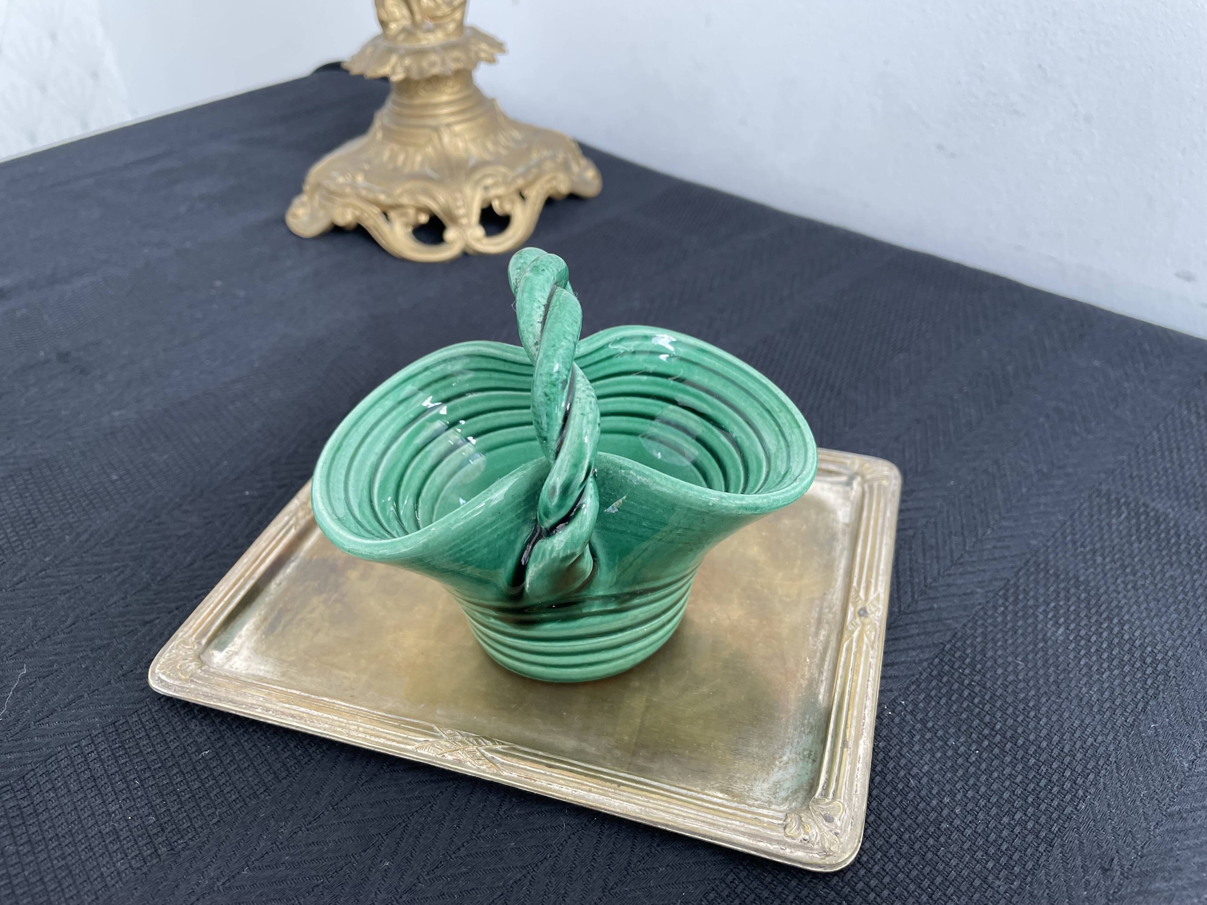 Vintage, woven basket, green, glazed earthenware, grooves, stylized, décor, French decoration, Fran