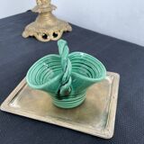 Vintage, woven basket, green, glazed earthenware, grooves, stylized, décor, French decoration, Fran