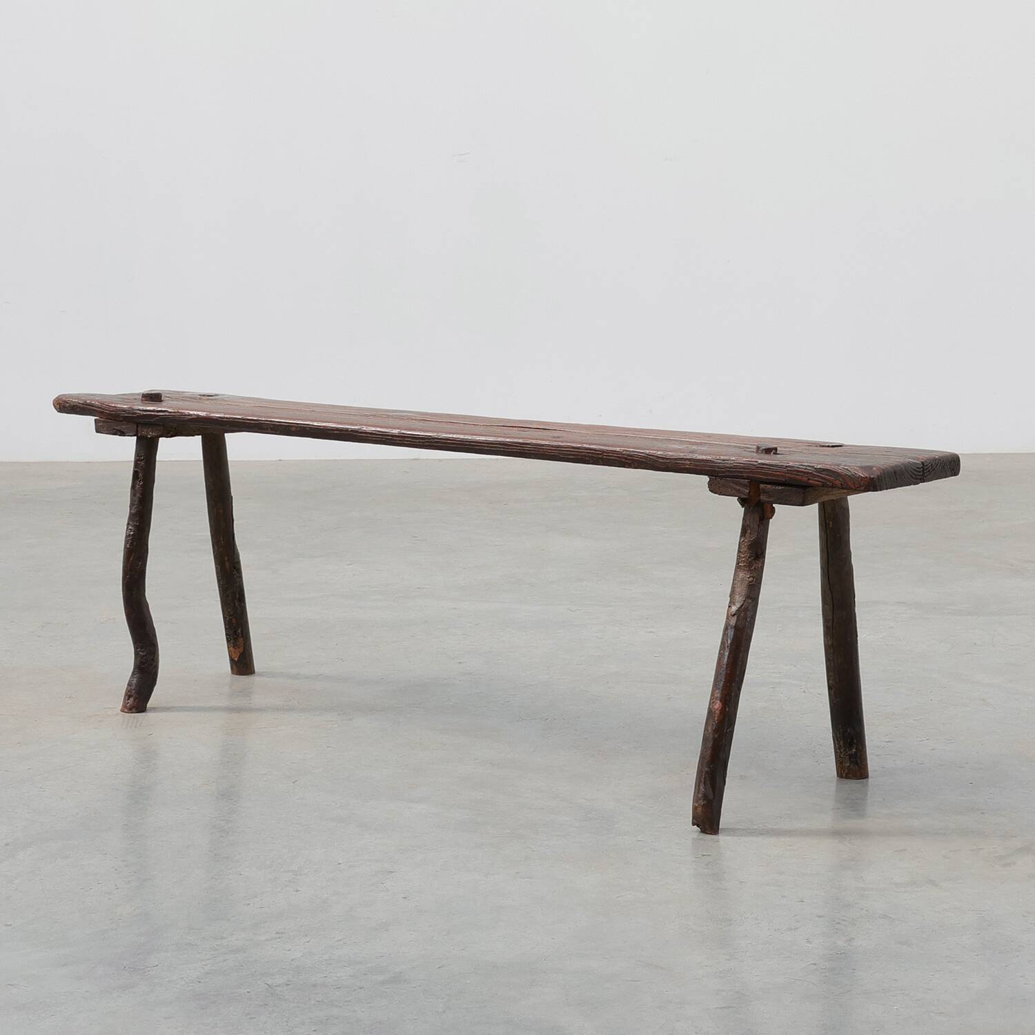 French Primitive Wooden Bench with Splayed Legs, 19th Century