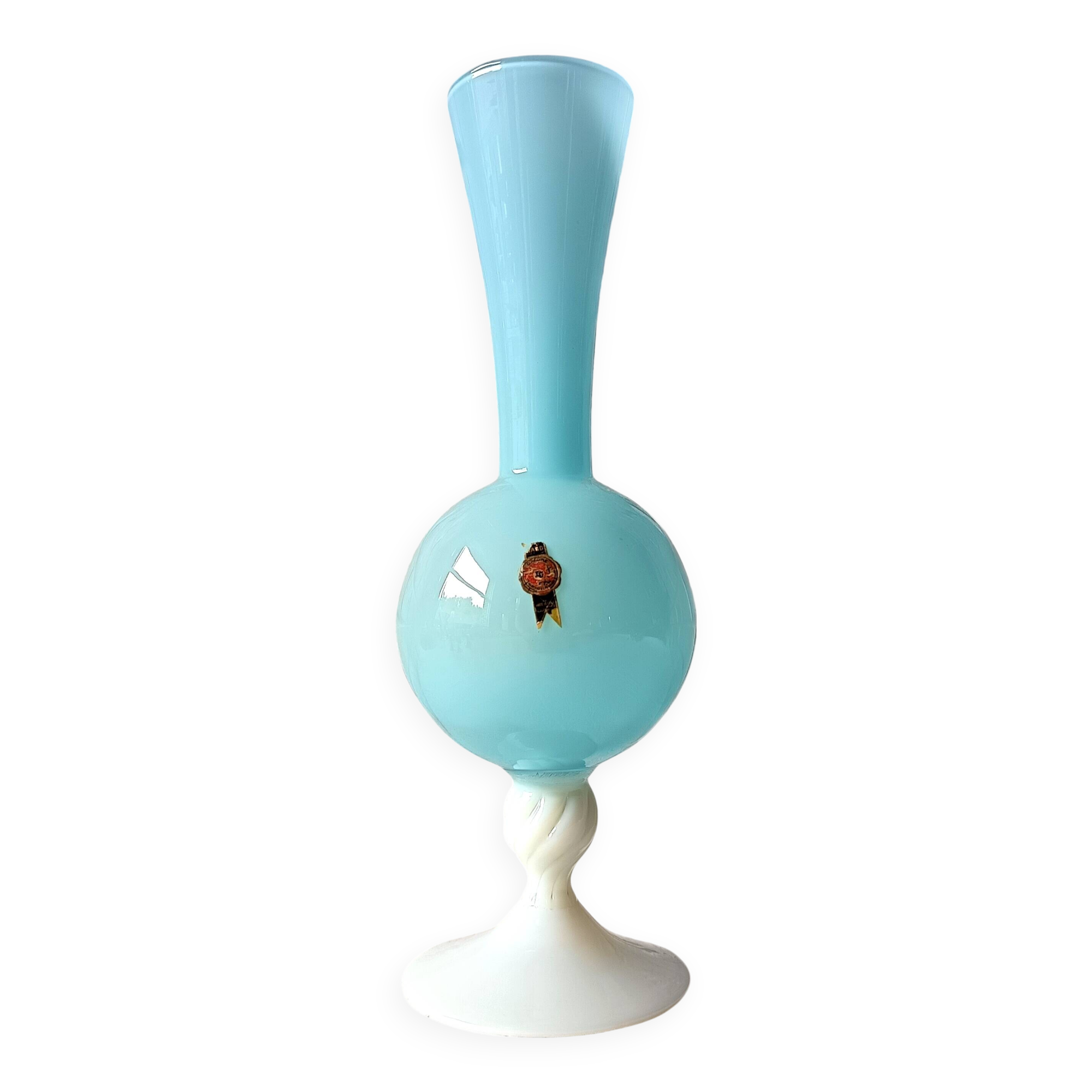 Grand VASE décoratif rétro pied opaline bleue, vase vintage Italie