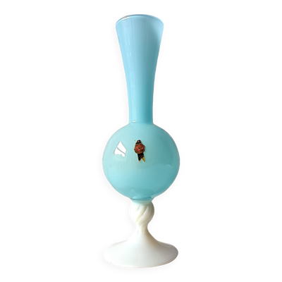 Grand VASE décoratif rétro pied opaline bleue, vase vintage Italie