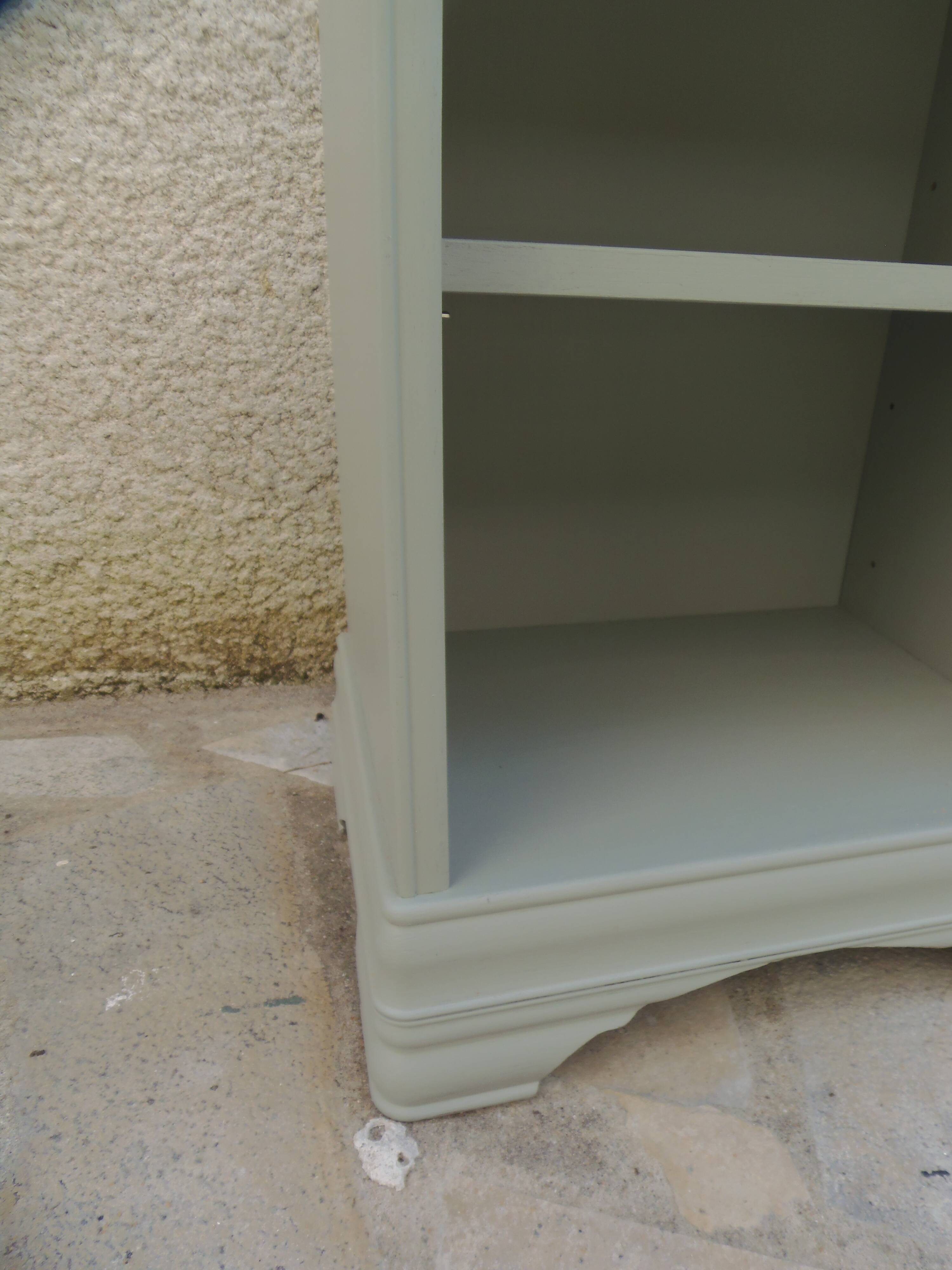 2 Louis Philippe style bedside tables reimagined in grey-green, wooden top.