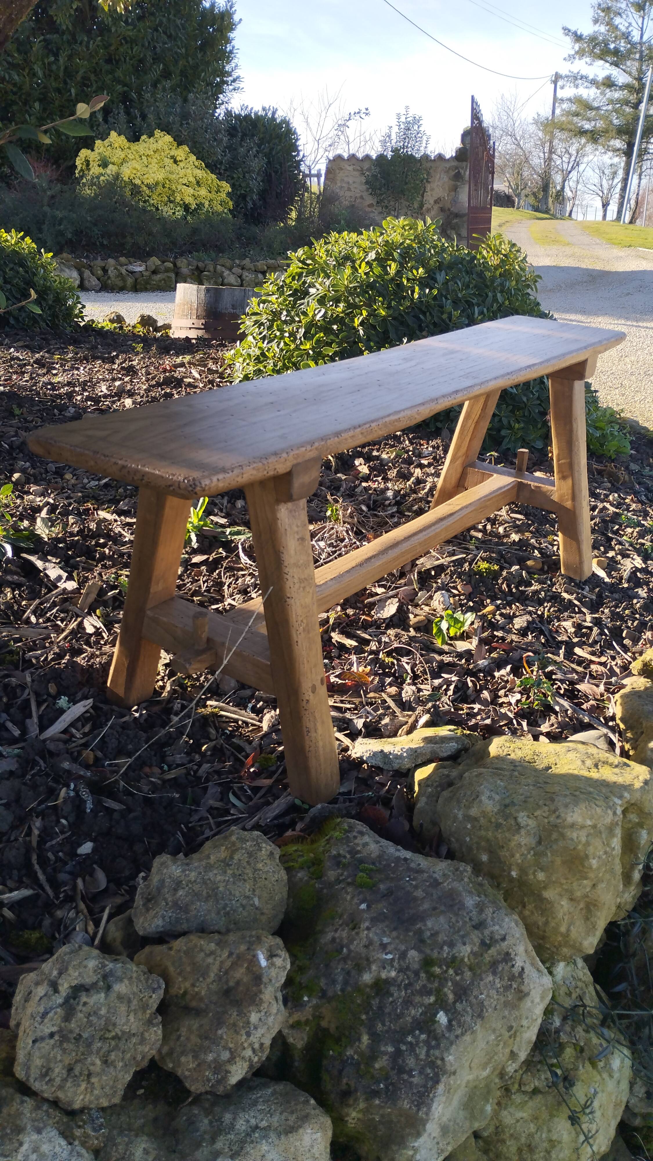 "A frame" bench in solid oak, patinated.