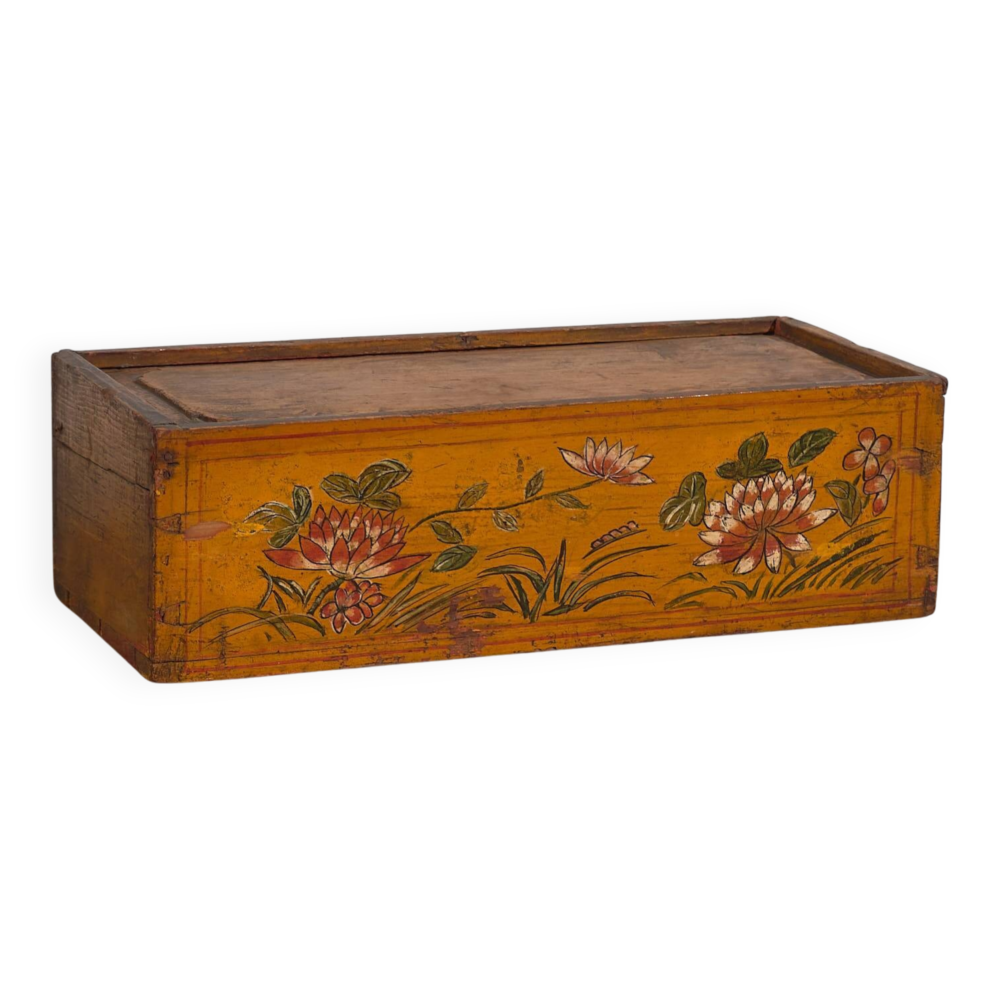 Antique Asian ochre-colored box with lotus flowers (c.1900) #1