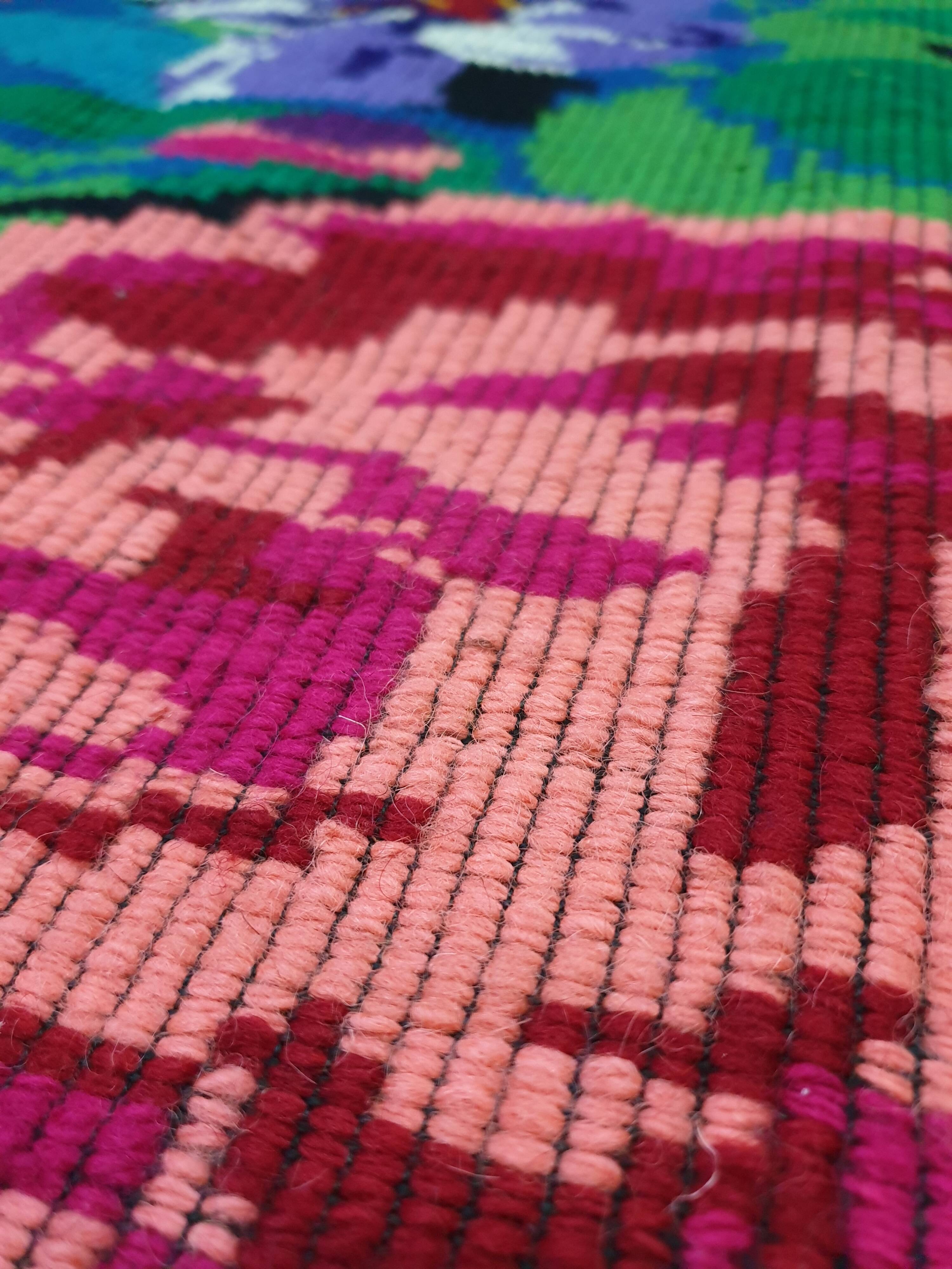 Romanian handwoven carpet green and fuchsia rug made in wool bohemian design