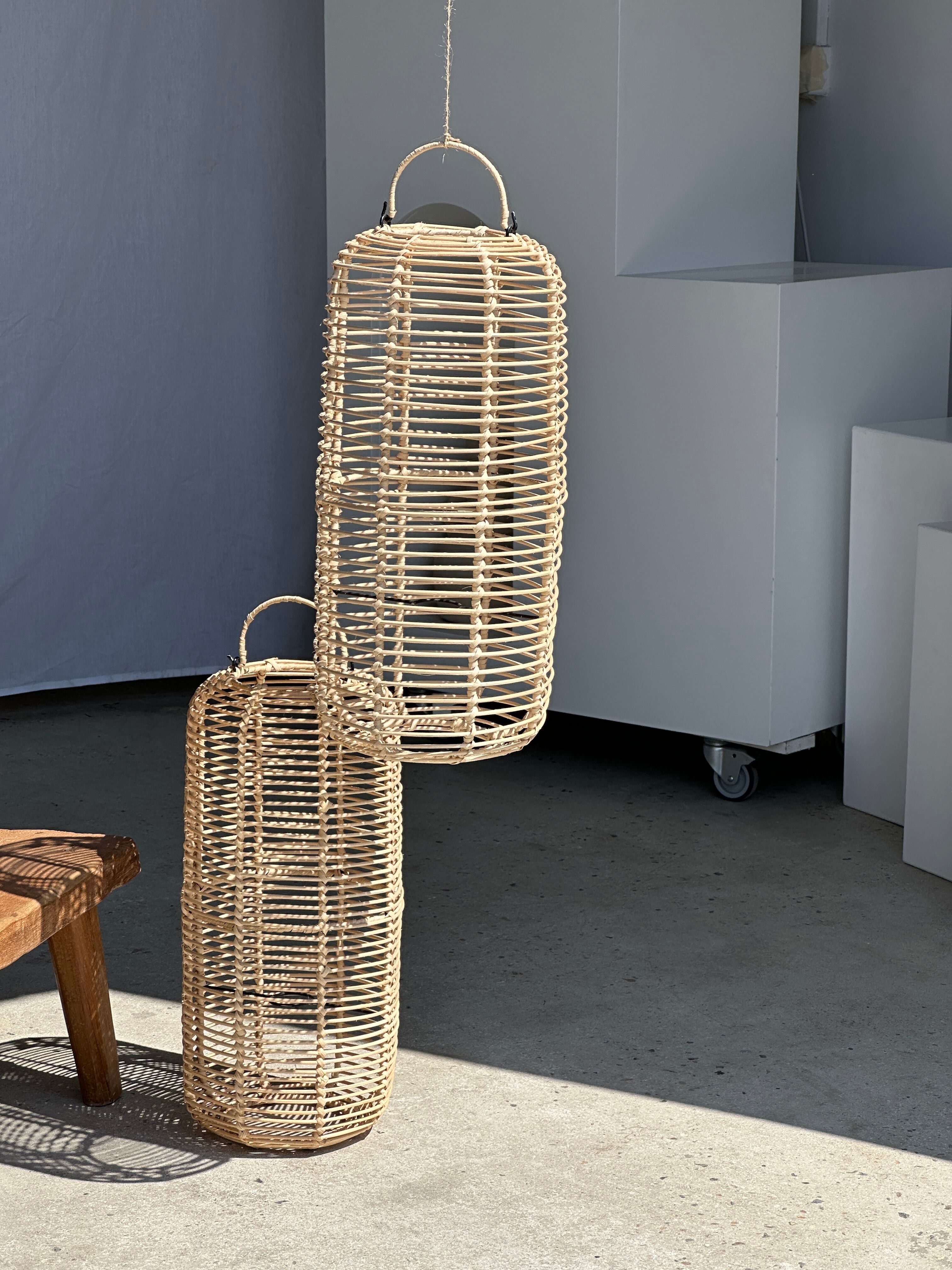 Large lantern-shaped rattan pendant lamp H50 D24