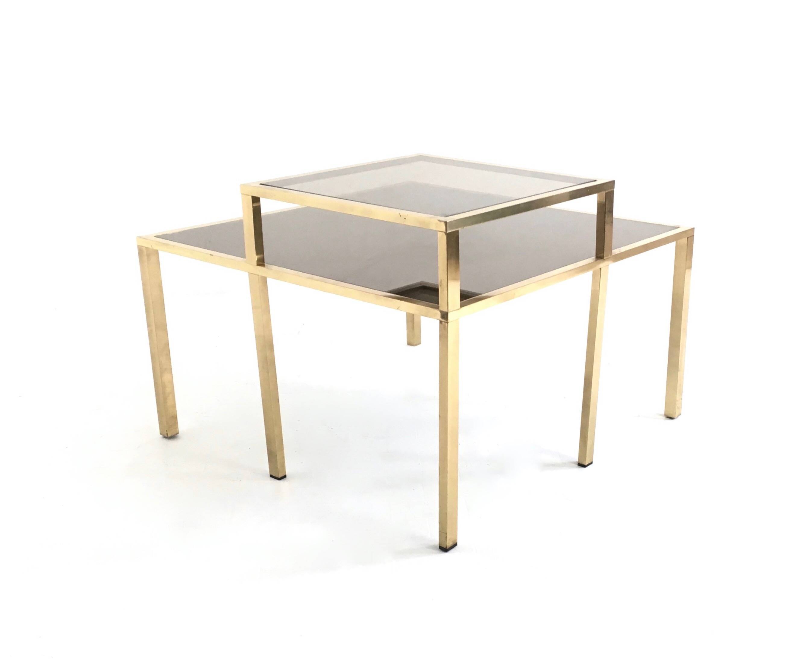 Square Brass Coffee Table with Glass Shelf and Mirrored Top, Italy