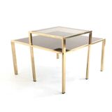 Square Brass Coffee Table with Glass Shelf and Mirrored Top, Italy