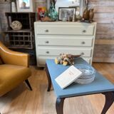 Table basse art déco bois brut et bleu zingueur