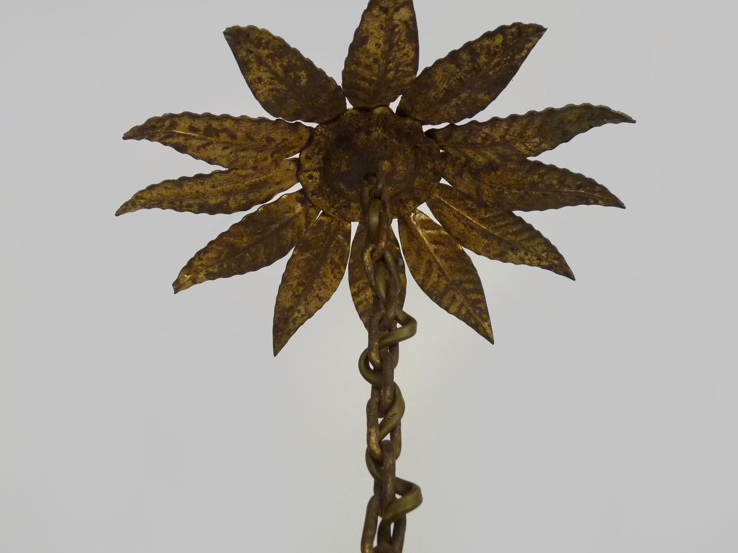 Vintage cage chandelier in aged golden metal and foliage, antique lighting, 3-burner chandelier. Year 60