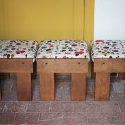 Set of 3 beech wood stools with fabric upholstery in the style of Miro.