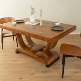 Elegant Art Deco dining table from the 1930s, walnut root veneer