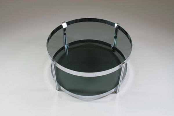 Table basse ronde en métal chromé et plateaux en verre fumé, France 1970s