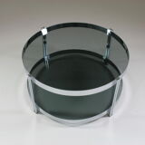 Round chrome-plated metal coffee table and smoked glass tops, France 1970s