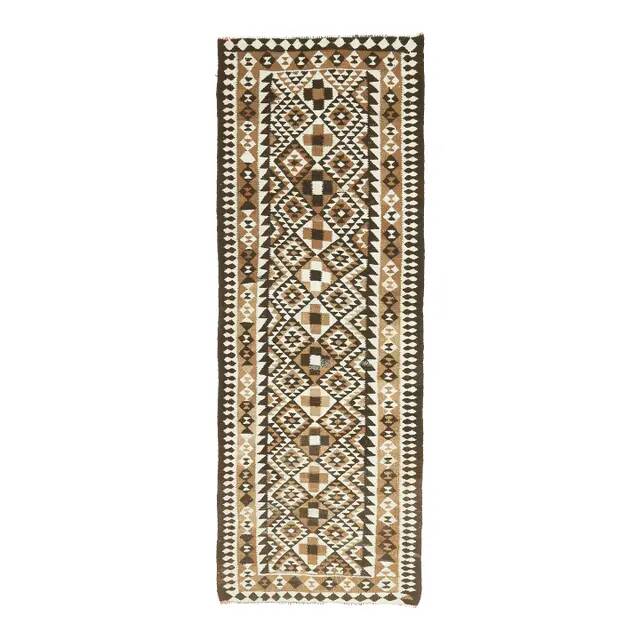 1970s Vintage Turkish Hand-Knotted Wool Cotton White Runner Rug 98x284