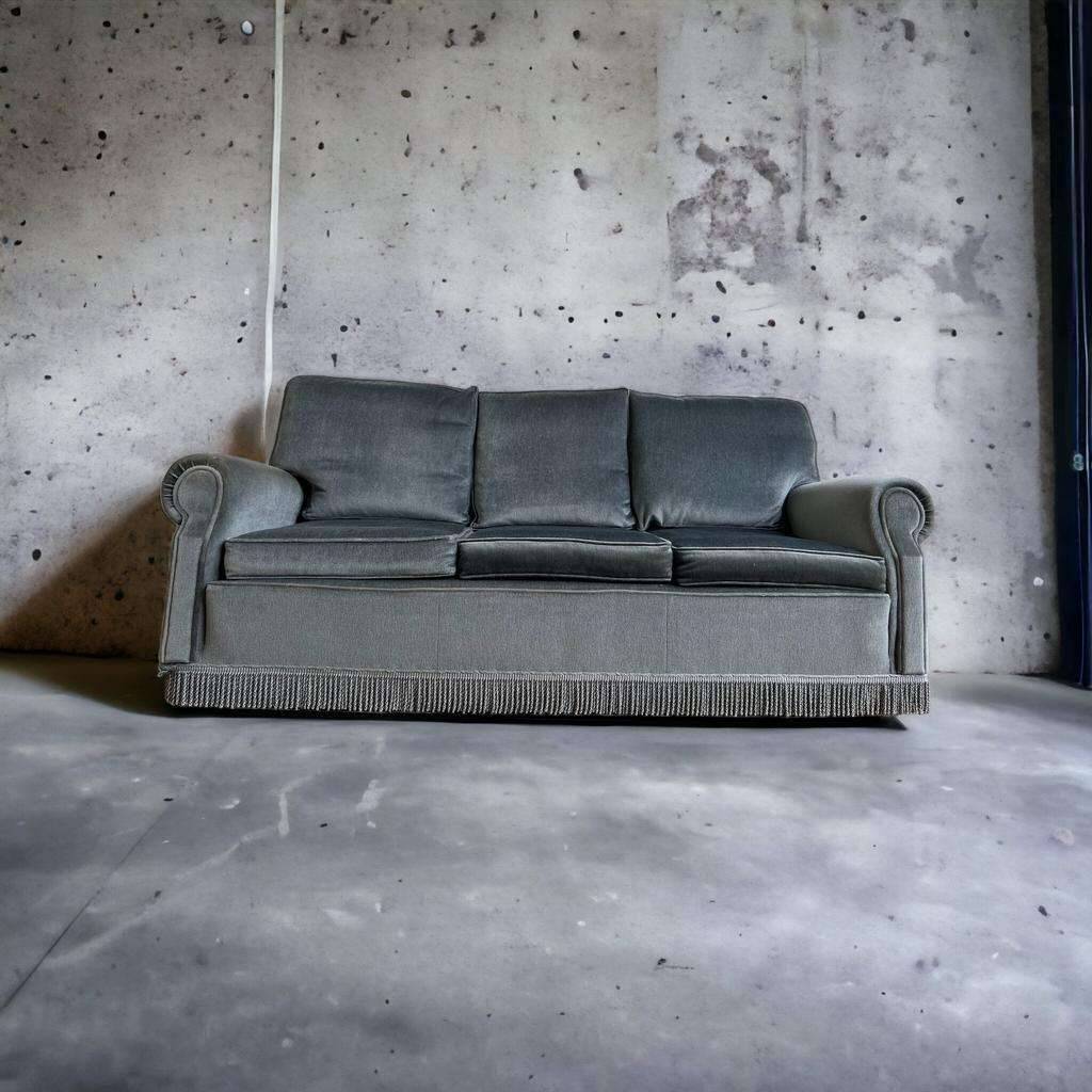 Vintage blue-grey velvet fringed seat / armchair