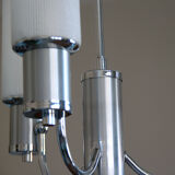 Chandelier in aluminum and chrome metal tulip white striated glass 1970 seventies