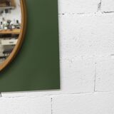 Unusual round wall mirror 60 cm teak edge on green rectangular board 1960.