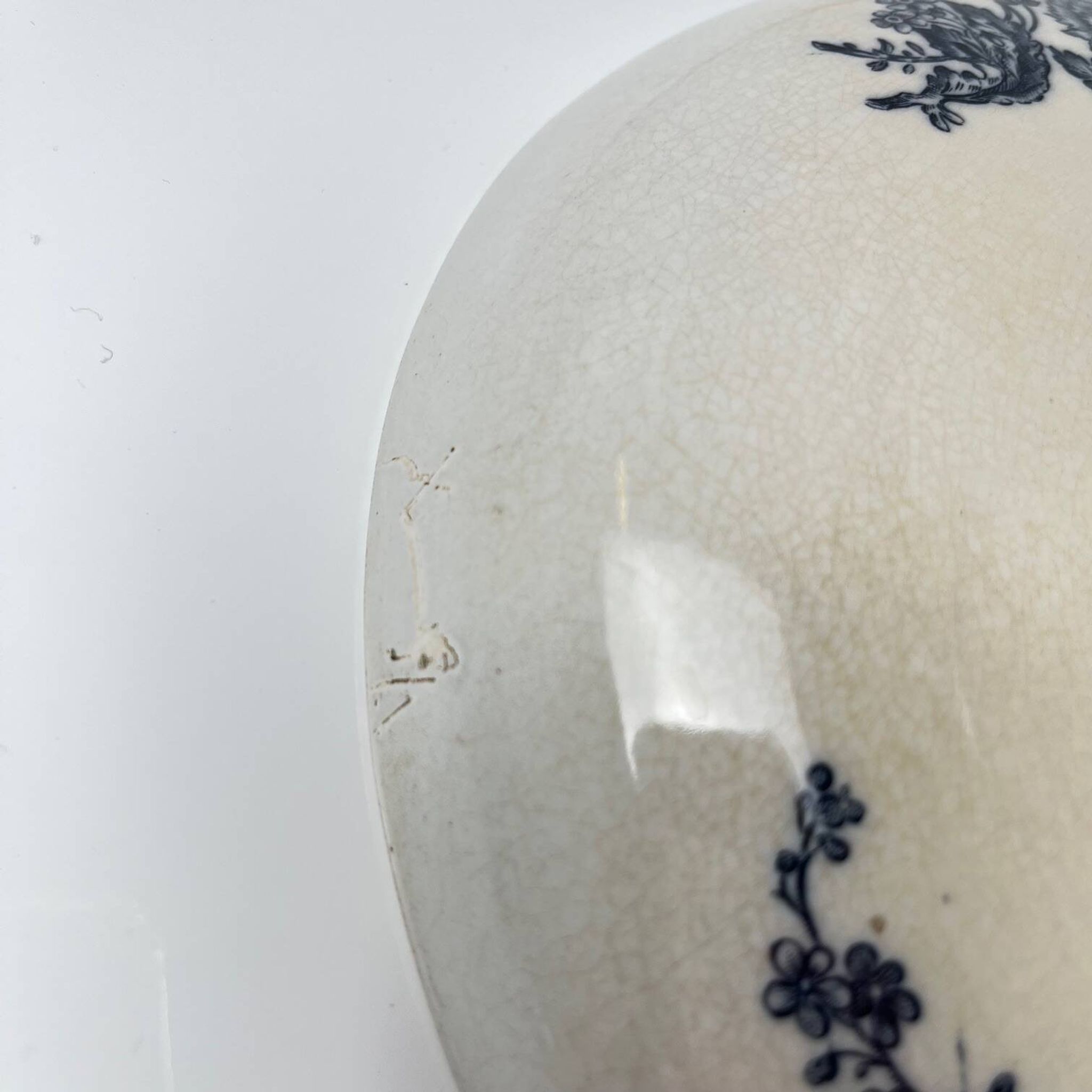 Compotier terre de Fer Pexonne, motif oiseau bleu fin XIXe