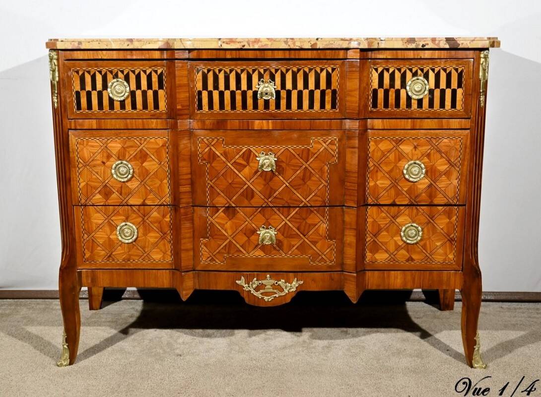 Rosewood and Mahogany chest of drawers, Louis XV / Louis XVI Transition style – Late 19th century