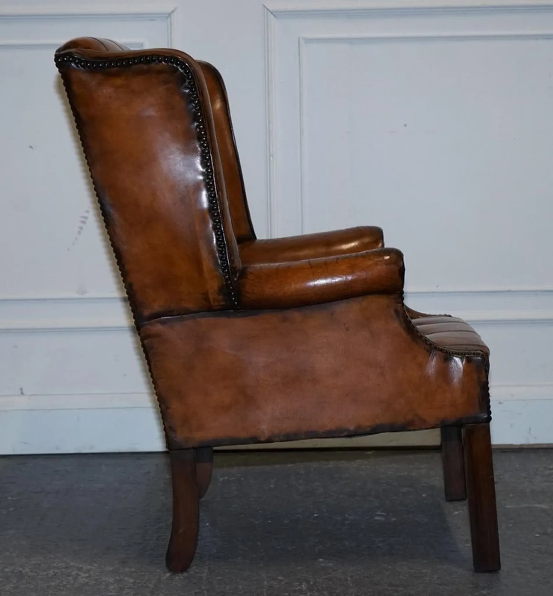 Chesterfield Wingback Armchair Set in Hand-Dyed Brown Leather, 1960s