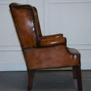Chesterfield Wingback Armchair Set in Hand-Dyed Brown Leather, 1960s