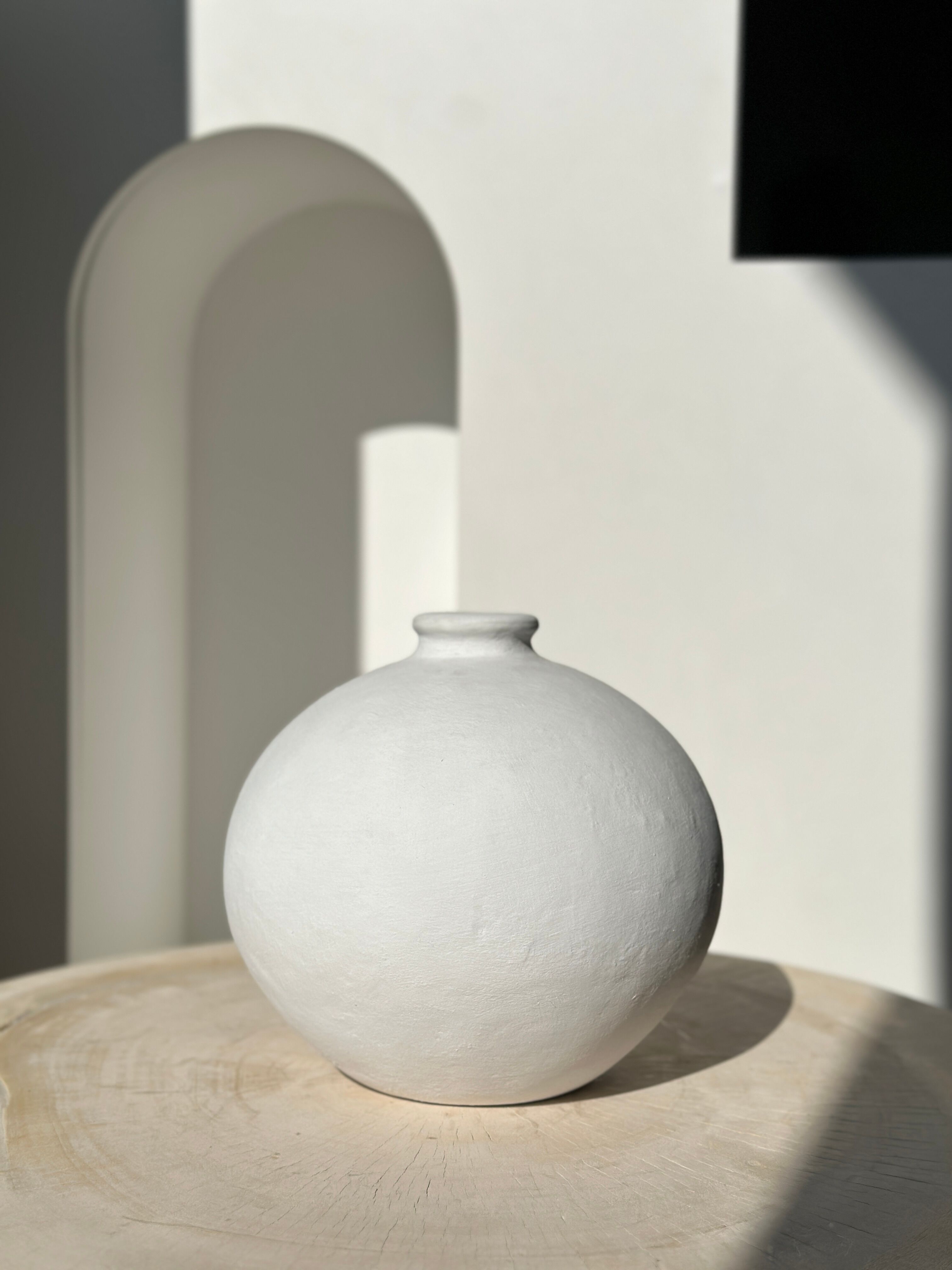 Handcrafted terracotta ball vase painted white H:24 D:26