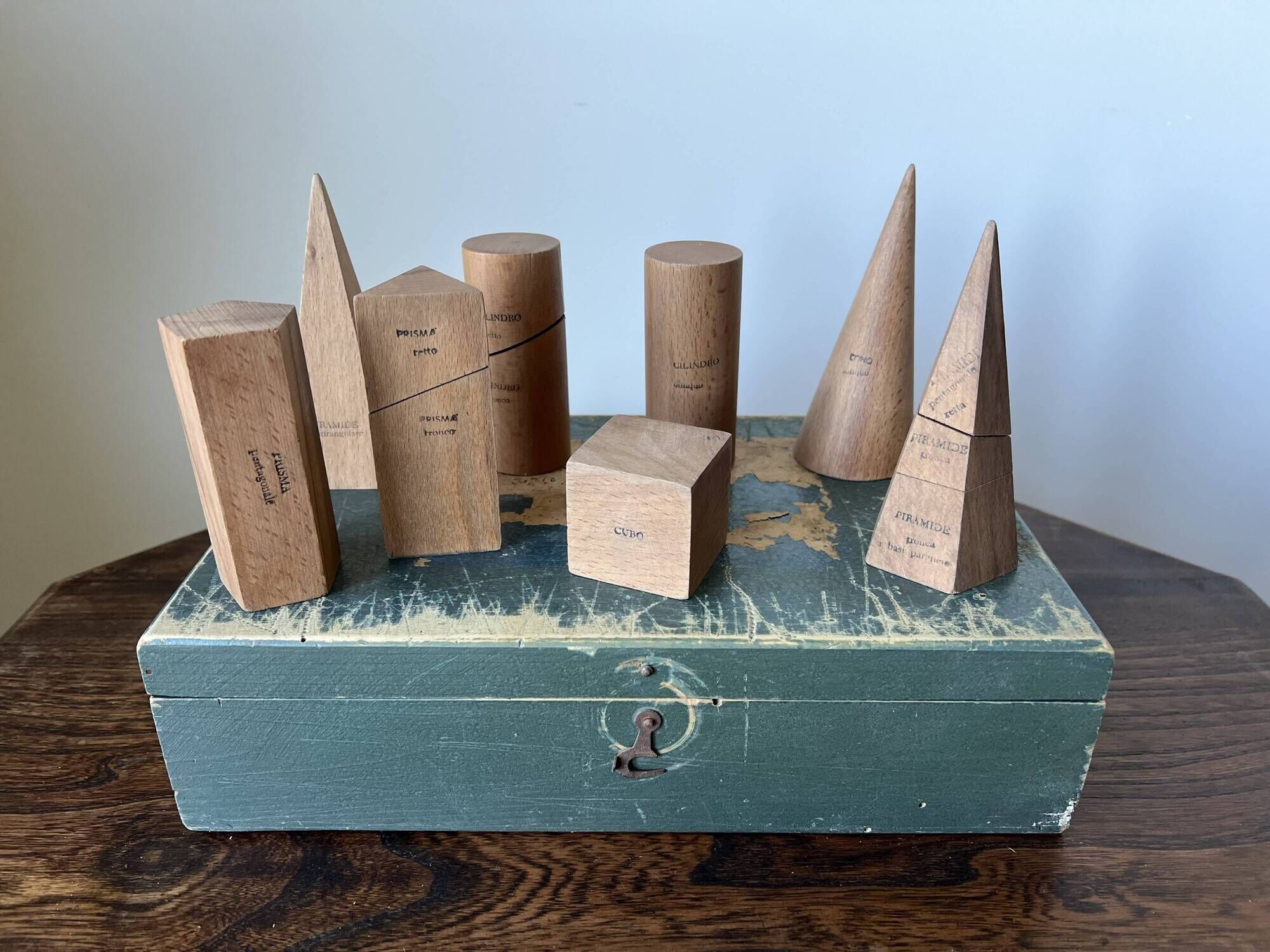 Vintage antique wooden geometric educational shapes. Italy, early 20th C
