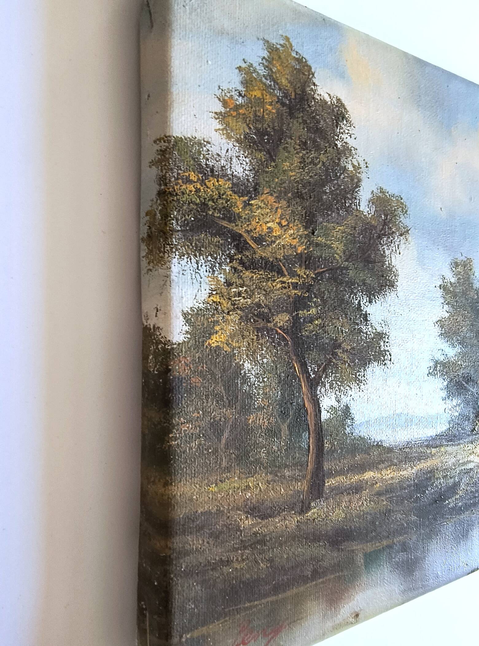 Antique painting signed "Percy" - House by the pond - oil on canvas