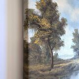 Antique painting signed "Percy" - House by the pond - oil on canvas