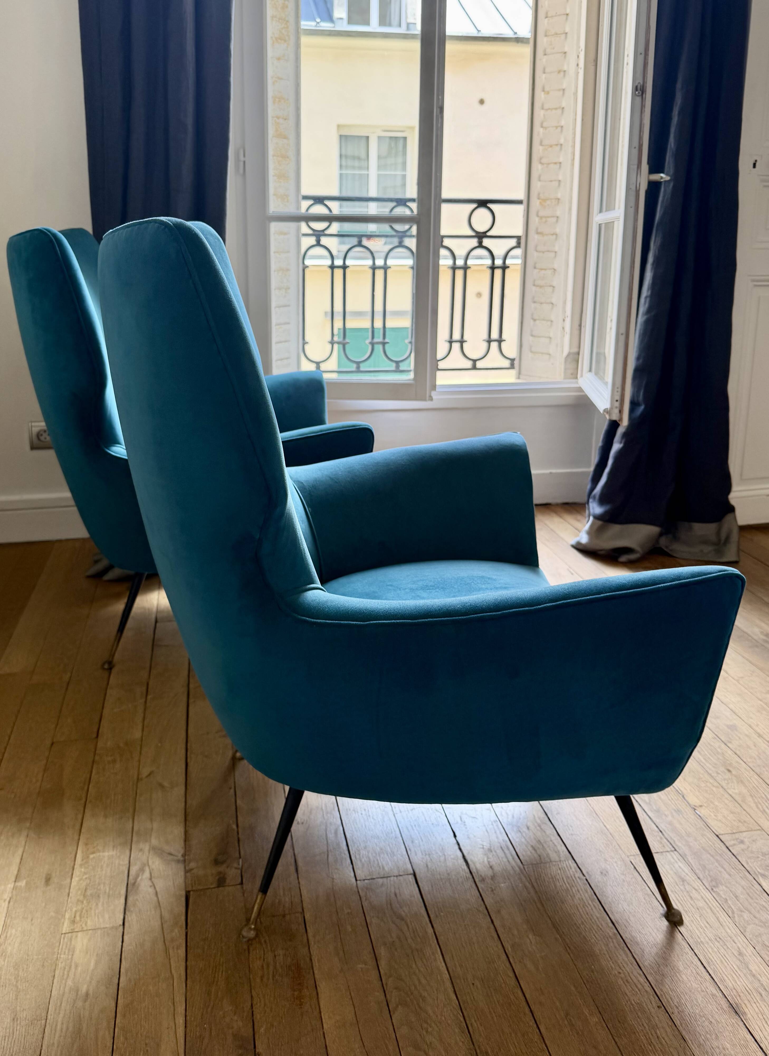 Pair of vintage Italian armchairs, 1950s-1960s, peacock blue velvet.