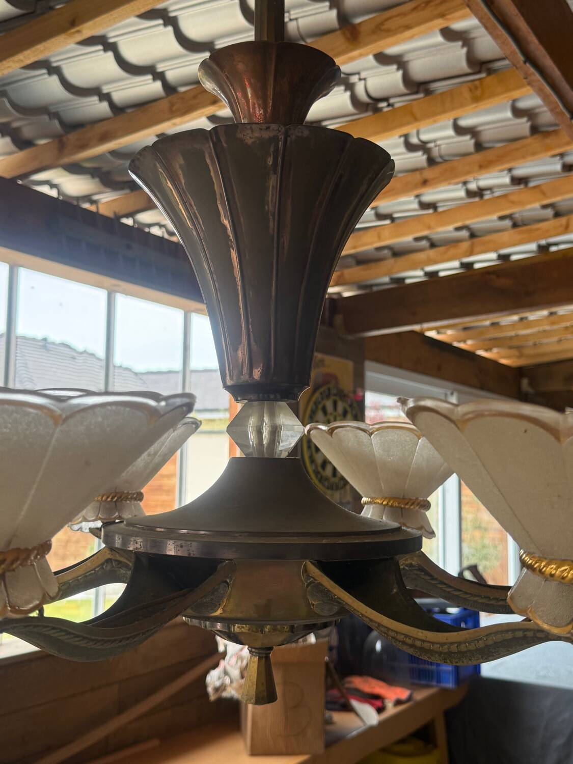 Art Deco Chandelier with Six Lights in Bronze and Frosted Glass, France, 1930s