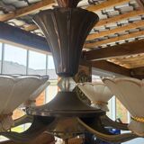 Art Deco Chandelier with Six Lights in Bronze and Frosted Glass, France, 1930s