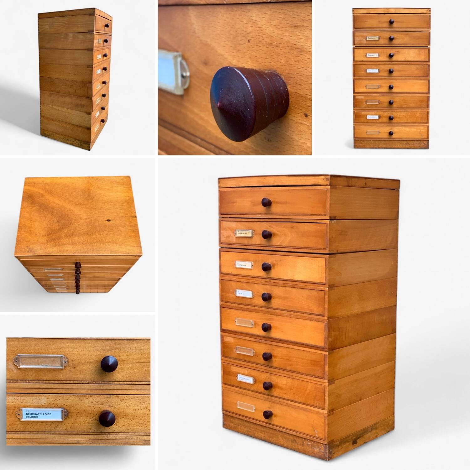 Vintage drawer cabinet with Bakelite knobs from the 1950s.