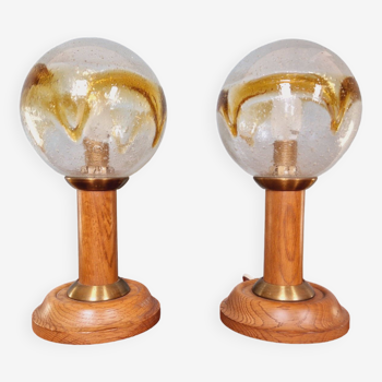 Paire de lampe en bois et verre soufflé, Honsel Leuchten, années 70