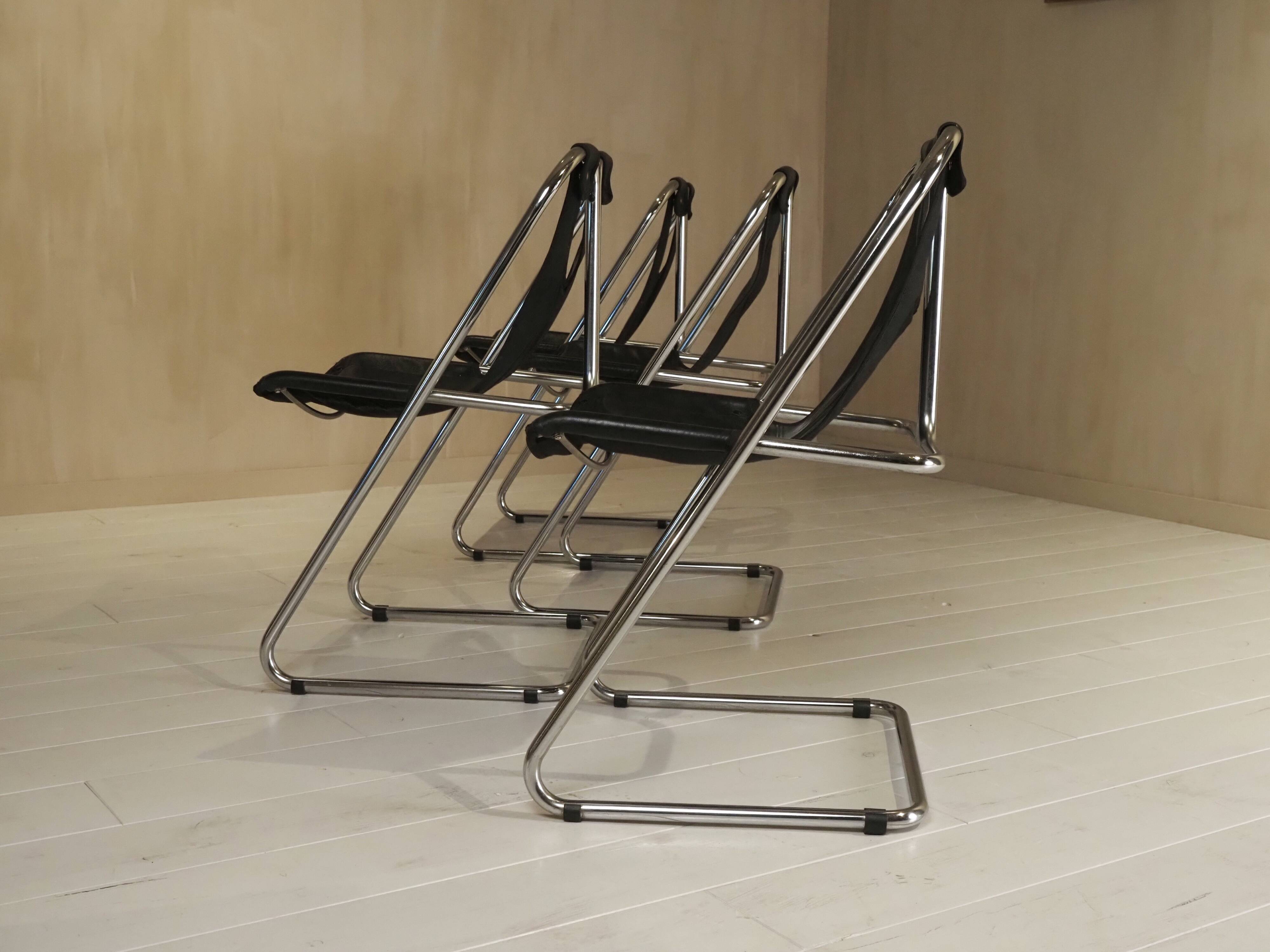 Set of 4 leather and chrome chairs from the 1960s