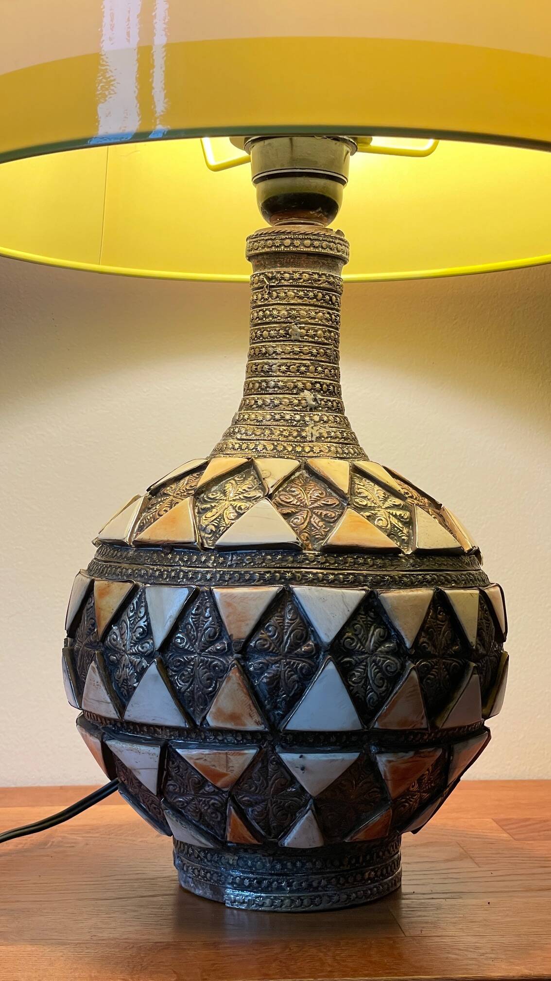 Vintage handcrafted lamp, pottery and silver-plated metal