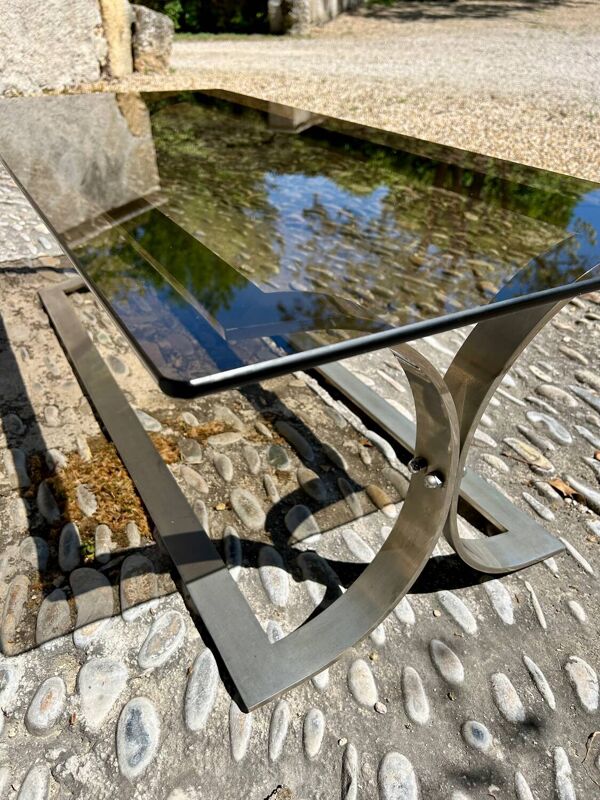 Table basse en métal chromé et verre fumé, 1970
