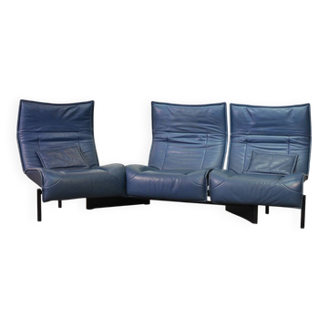 Vico Magistretti 3-Seat Flexible Cassina Blue Leather 'Veranda' Sofa, Italy