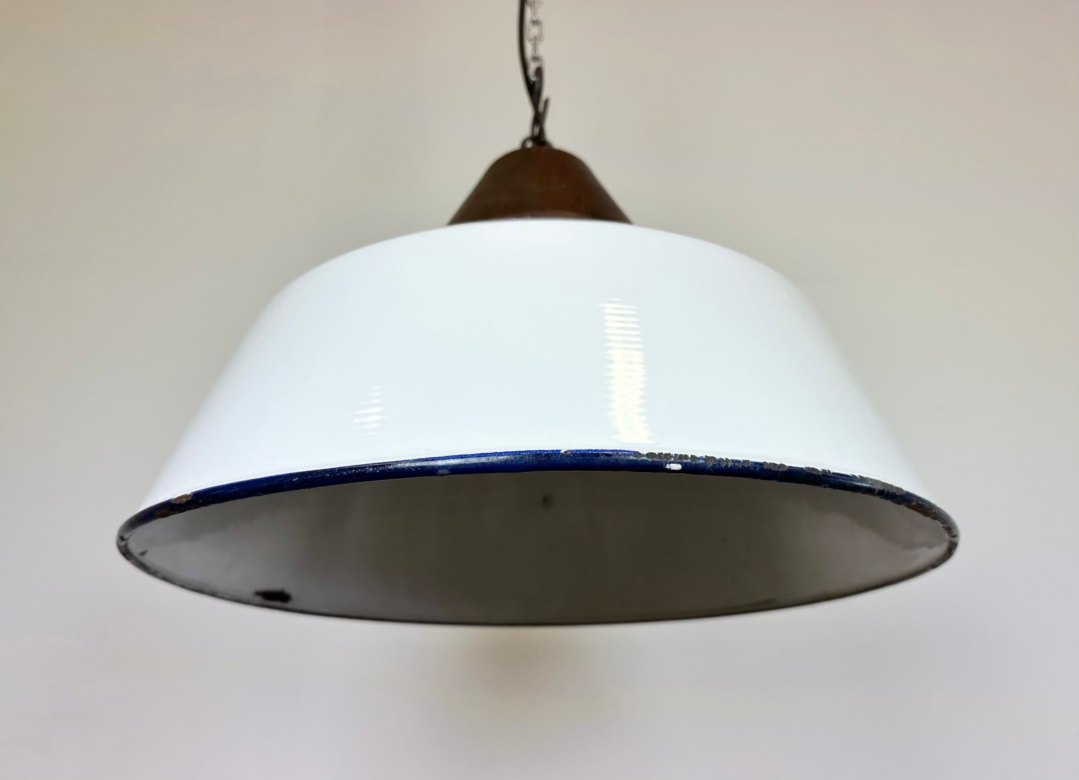 Industrial White Enamel and Cast Iron Pendant Light, 1960s