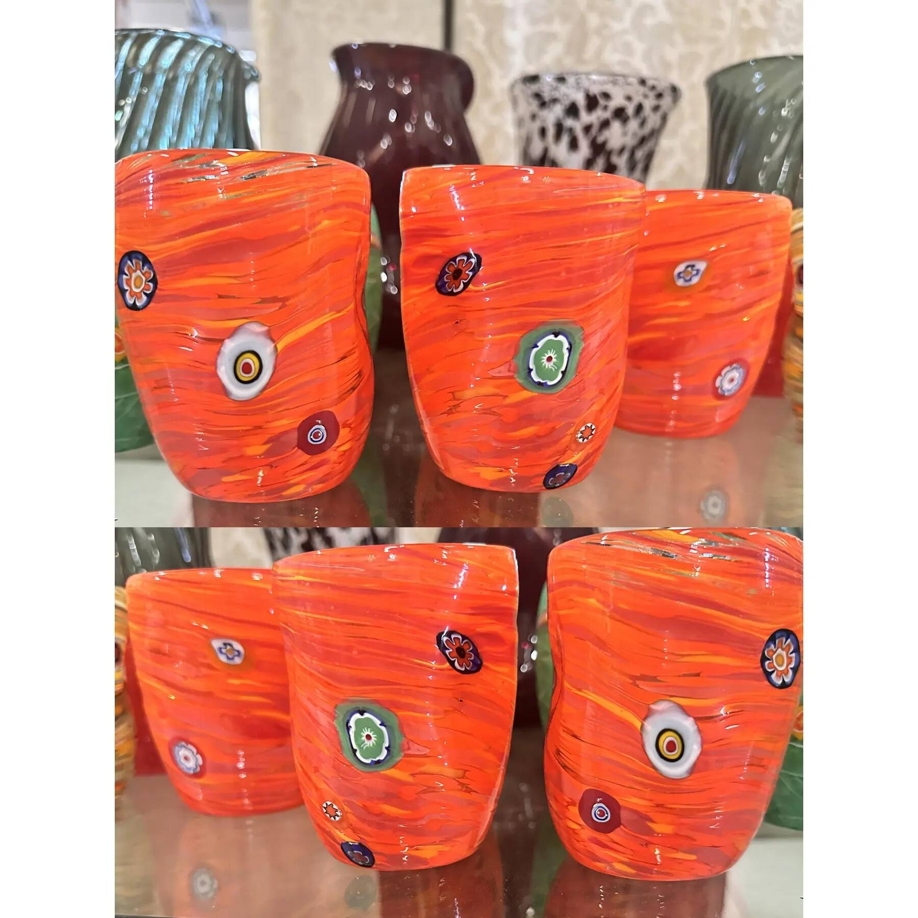 Contemporary Lively Amber Rods and Murrine Murano Glass – Set of 6