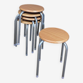 Set of 5 wooden school stools with gray metal legs