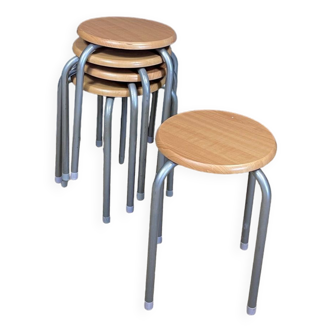 Set of 5 wooden school stools with gray metal legs