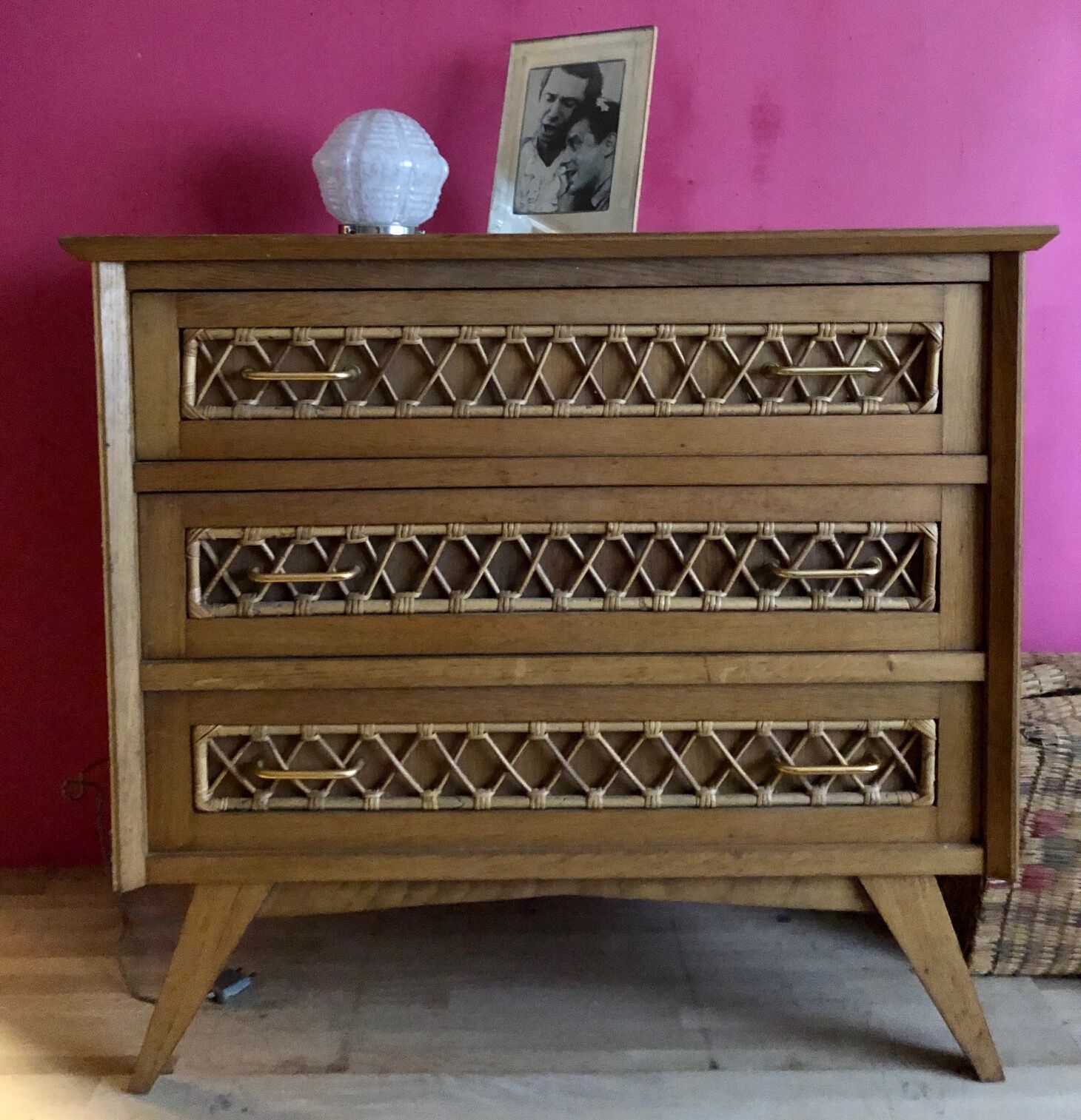 60s rattan and compass feet dresser