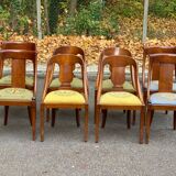 8 gondola chairs in solid wood and green and blue fabric