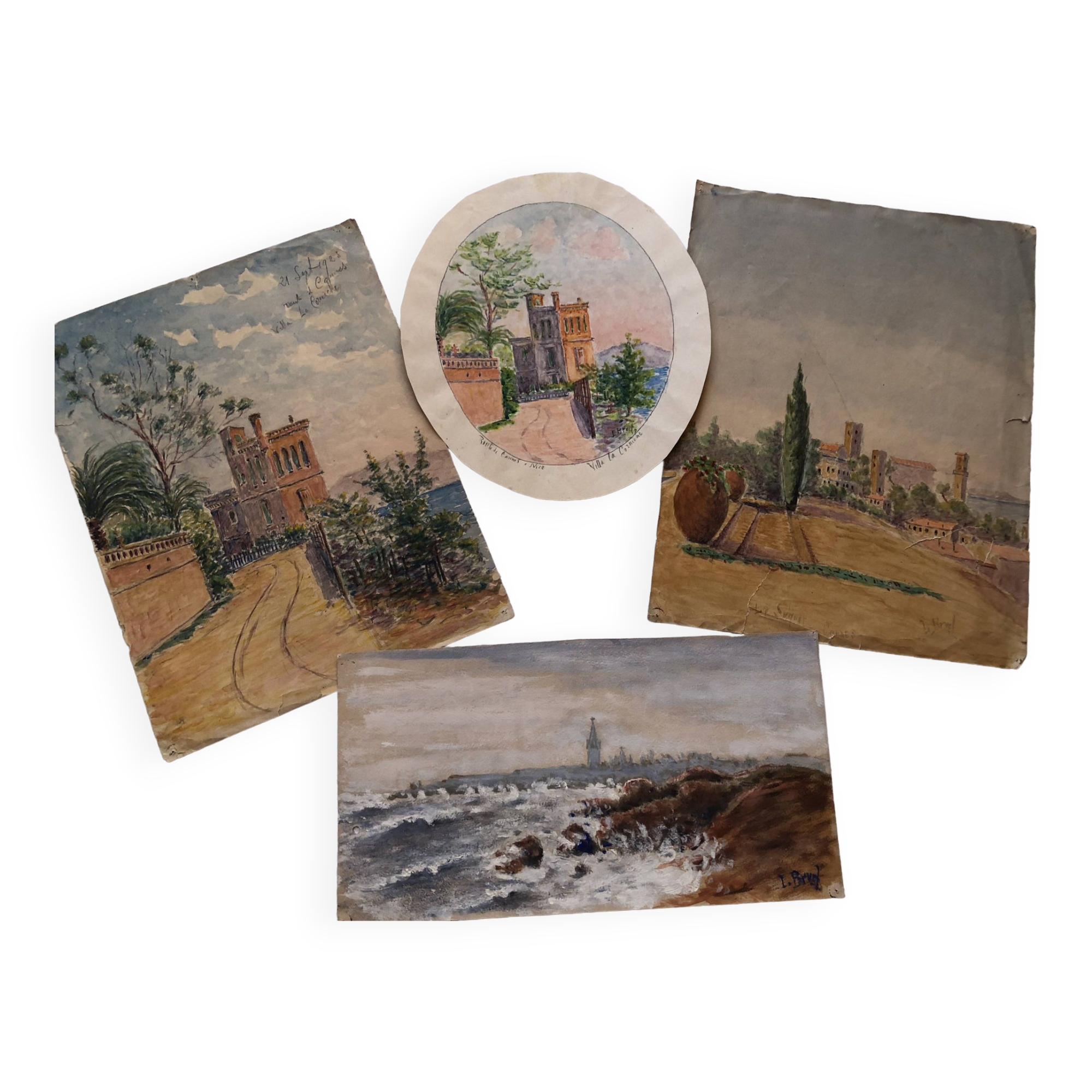 Set of 4 watercolors 1920 cannes, l. bruel, le suquet la corniche island st honorat bay alpes maritimes 06