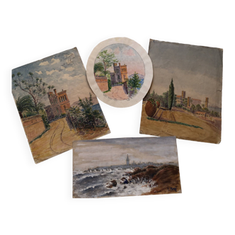 Set of 4 watercolors 1920 cannes, l. bruel, le suquet la corniche island st honorat bay alpes maritimes 06