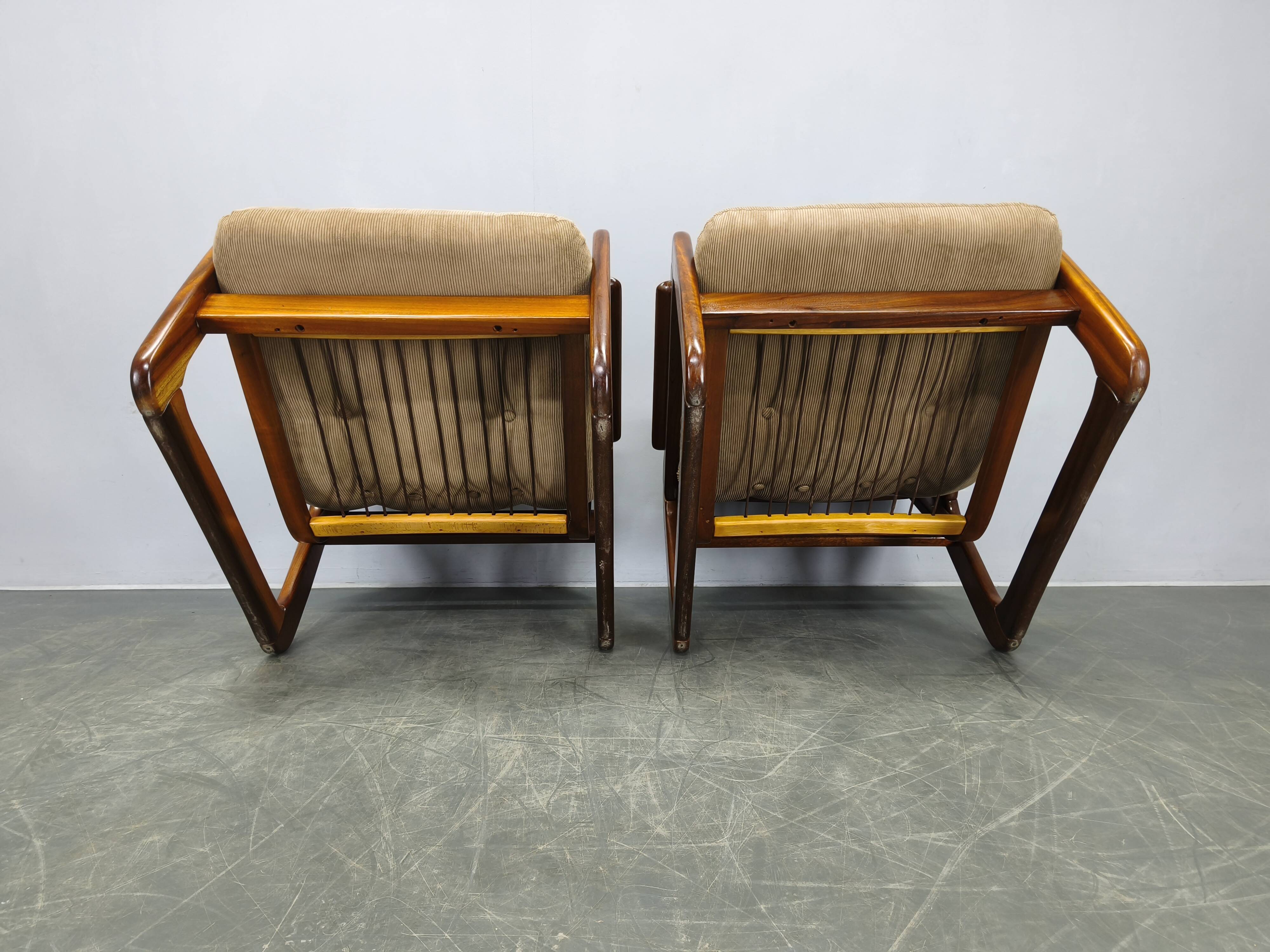 Pair of 1970s Scandinavian lounge chairs, upholstered in corduroy.