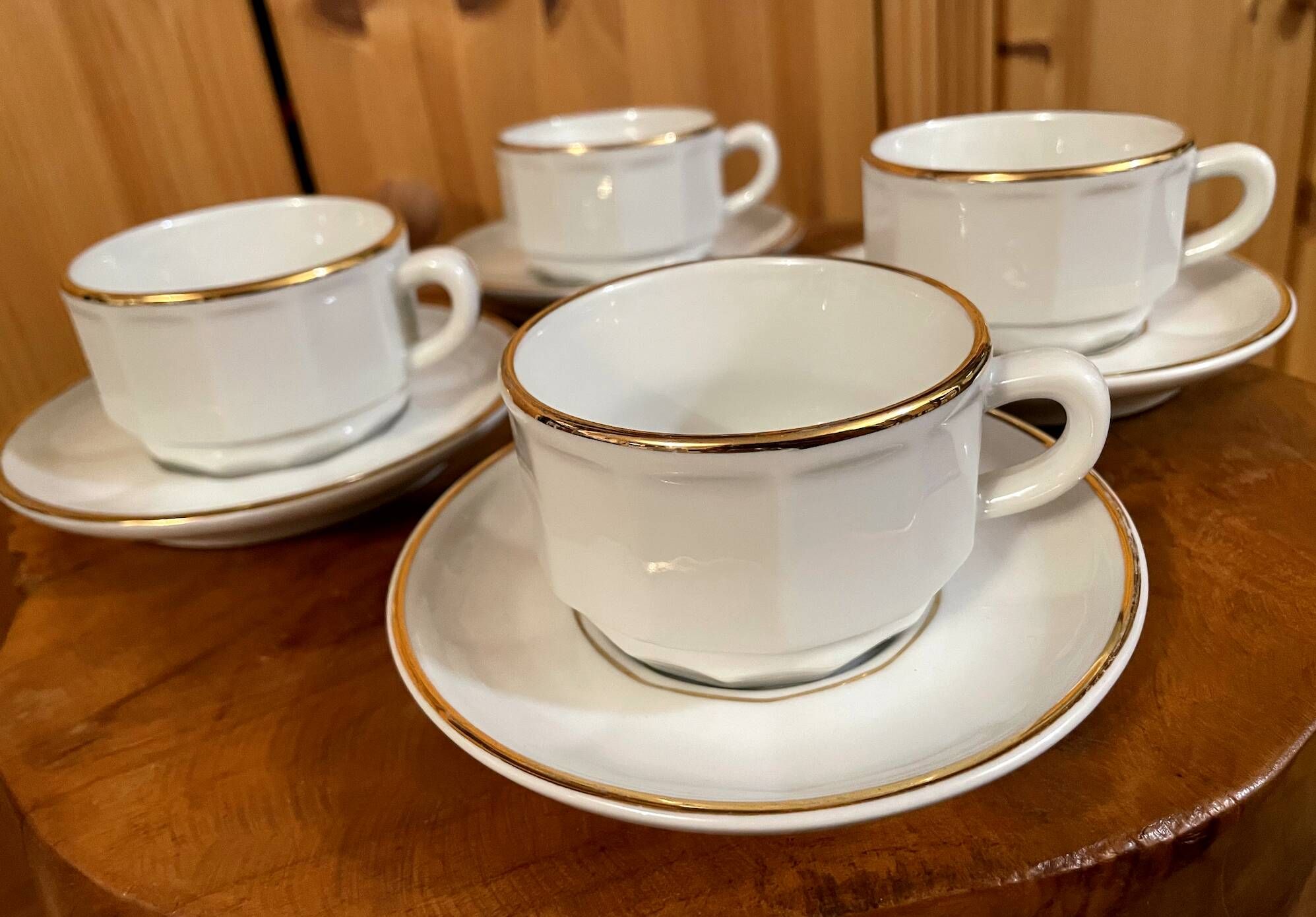 Set of 2 Apilco Flat French Porcelain Coffee Cups with Saucers, Model Flora
